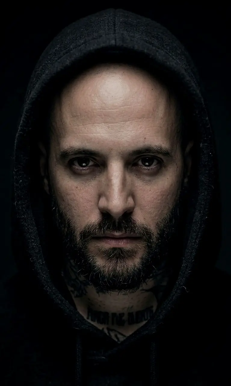 Nicolás Morin in a dark hood, looking straight at the camera, lit from one side.